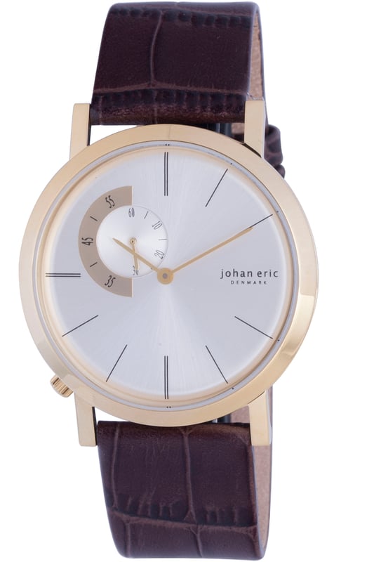 Johan Eric: Randers, Men's, Silver sunray dial Watch, Gold IP coated stainless steel case & clasp, Brown genuine leather strap w crocodile pattern