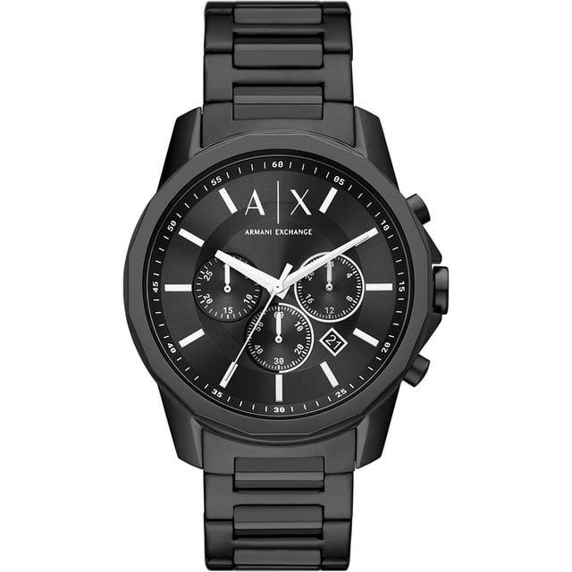 This Armani Exchange Banks Chronograph Watch for Men is the perfect timepiece to wear or to gift. It's Black 45 mm Round case combined with the comfortable Black Stainless steel watch band will ensure you enjoy this stunning timepiece without any compromise. Operated by a high quality Quartz movement and water resistant to 5 bars, your watch will keep ticking. This fashionable and classic watch matches any outfit at any occasion,it adds style to your life -The watch has a calendar function: Date, Stop Watch, 24-hour Display High quality 21 cm length and 22 mm width Black Stainless steel  strap with a Fold over with push button clasp Case diameter: 45 mm,case thickness: 11 mm, case colour: Black and dial colour: Black