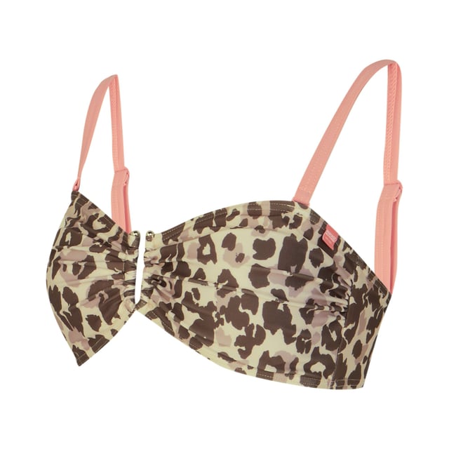 85% Polyester, 15% Elastane. Fabric: Soft Touch, Stretch. Design: Leopard Print, Ruched. Fastening: Clasp. Neckline: Sweetheart. Adjustable Shoulder Strap. Sustainability: Made from Recycled Materials. Sun Rating: UPF 50+.