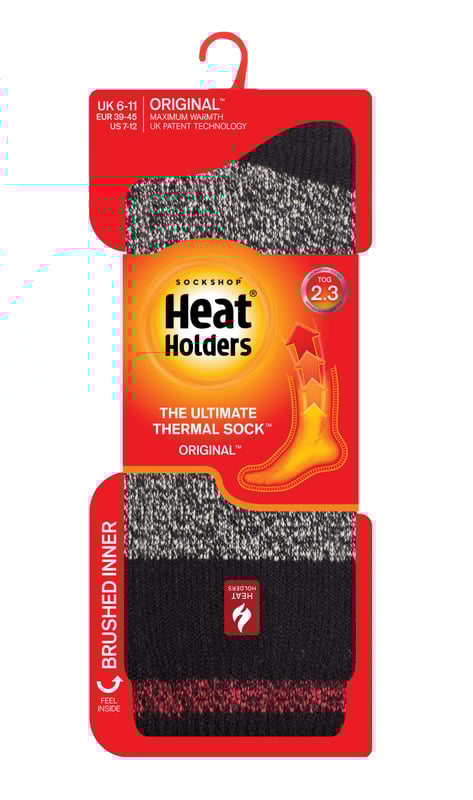 Don't let the cold weather get you down. Layer up with these warm Men's Ultimate Thermal Socks by Heat Holders. Scientifically tested to be the warmest socks available, Heat Holders socks are created by UK PATENTED knitting technology. This unique manufacturing process together with Heat Holders® innovative Japanese designed thermal yarn, ensures maximum warmth is held close to the skin. Designed with a high tog rating of 2.3 TOG, these socks will keep your feet warmer for longer periods of time. Keep feet warm with Heat Holders advanced Japanese designed thermal yarn properties which provide high-performance insulation against the cold. They also contain superior moisture breathing abilities and softness. Heat Holders innovative knitting technology produces UK PATENTED long looped cushion pile to hold more warm air, increasing the overall TOG rating. Their expert brushing process maximises the amount of warm air held inside each sock for unbeatable warmth and all-day comfort. The ultimate thermal socks for everyday casual wear has arrived with these colourful, striped, and thick socks. Whether you're wearing them in bed, or around the home, these men's socks are guaranteed to keep your feet warm and toasty! They offer a snug, tight feel whilst retaining heat close to the skin. Available in a range of colours and styles, choose from striped patterns, or colourful toe and heel designs to suit your fashionable needs! They come in men's sizes 6-11 UK, 39-45 EU, 7-12 US.
