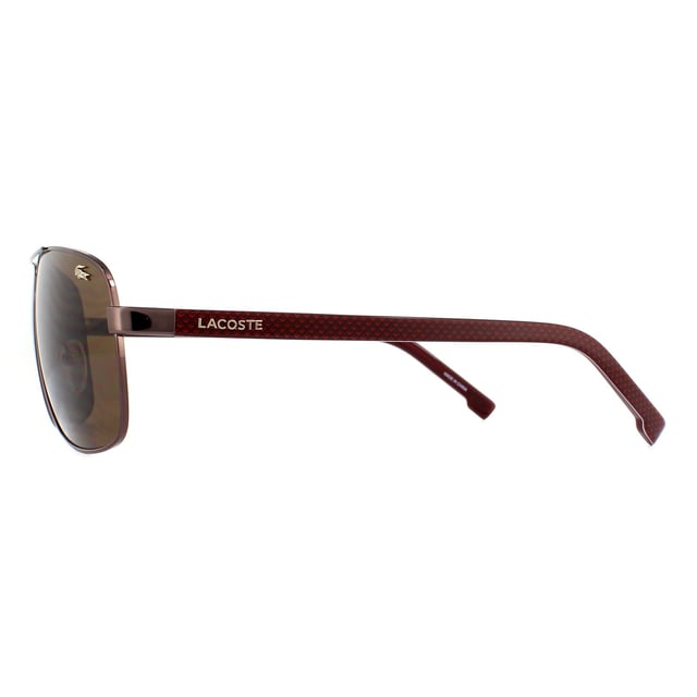 Lacoste Sunglasses L162S 210 Brown Brown Gradient are a large square aviator style for men with a metal frame front and plastic temples for added comfort. The iconic Lacoste alligator embellishes one lens corner, and the Lacoste text logo is also featured on each temple.