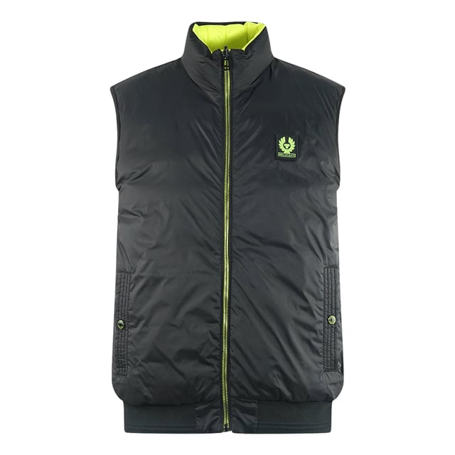 Belstaff Flash Circuit Black Reversible Down Gilet Jacket. Experience the ultimate in versatility and style with the Belstaff Black Jacket. This reversible down jacket offers both warmth and fashion-forward design, allowing you to effortlessly transition from a casual day look to a chic evening ensemble. Stay cozy and look amazing with this must-have jacket!. Down Jacket, Yellow On The Reversible, Material: 100% Polyamide, Filling: 90% White Duck Down, 10% White Duck Feather. Branded Badge On Left Chest, Lightweight, down-filled jacket, Reversible wear with neon detailing, Packs away into a bag, Exposed front-zip closure, Two snap-closure side pockets. Reverisble Jacket, Zip Closure, Black Gilet, Yellow Gilet. Style: Reversible Flash Circuit Gilet BKNYL