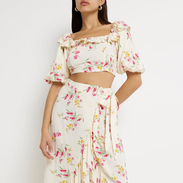 River Island Womens Crop Top Yellow Floral Frill