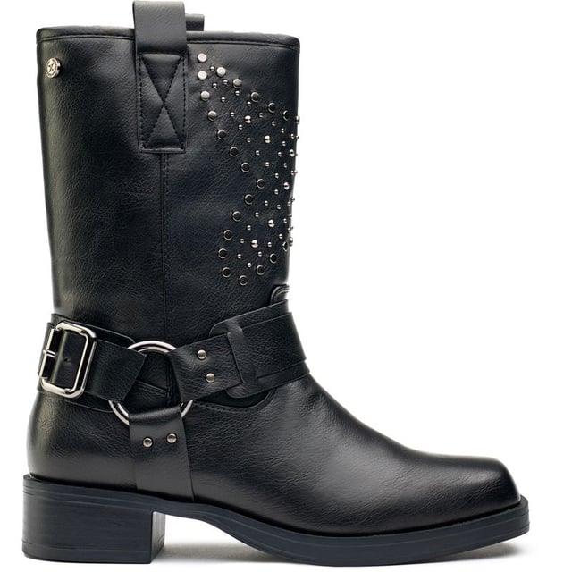 Womens black Xti studded biker boots, manufactured with synthetic and a rubber sole. Featuring: studded detail, decorative ankle strap and xti branding.