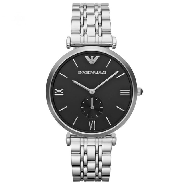 Armani dresswatch met een prachtige roestvrijstalen band, het horloge heeft een zwarte wijzerplaat en tweedehands subdial, de breedte van het horloge is 40 mm en heeft een waterbestendige diepte van 30 meter, het is de perfecte minimalistische dresswatch.