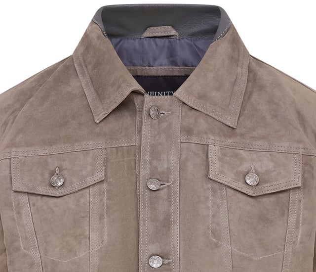 Introducing the epitome of rugged yet refined style, the Goat Suede Leather Denim Jeans Jacket. This unique jacket combines the durability of denim with the luxurious texture of goat suede, resulting in a striking and versatile piece. With a pointed collar and flap pockets on the chest, it exudes a classic and timeless appeal. The jacket also features two additional pockets on the lining for convenient storage options. Available in three captivating colours, it offers a range of options to suit different tastes. Expertly crafted and designed, this jacket effortlessly blends comfort, durability, and fashion-forward style. Whether worn casually or dressed up, the Goat Suede Leather Denim Jeans Jacket is sure to make a statement wherever you go.

• Pointed collar for a classic and versatile look

• Flap pockets on the chest for added style and functionality

• Two pockets on the lining for convenient storage