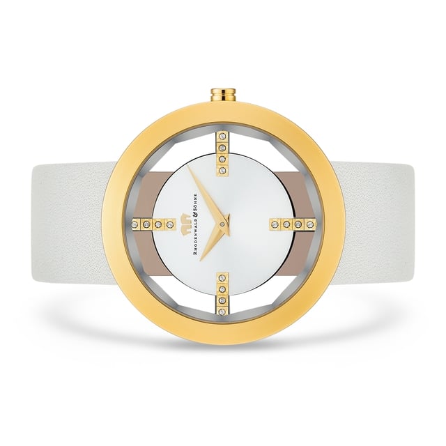 This striking women's watch from Rhodenwald & Sons masters the game with the fascinating skeleton look: between the bezel and dial shimmers the wrist of the wearer under the faceted glass. Four distinctive line indices, decorated with crystals from Swarovski®, connect the gilded bezel to the dial, the sunray effect of which makes the light gently changing. The high-quality IP coating gives the stainless steel housing maximum durability. The leather bracelet, which is coordinated and painted on the dial, completes the noble look and guarantees the highest comfort.