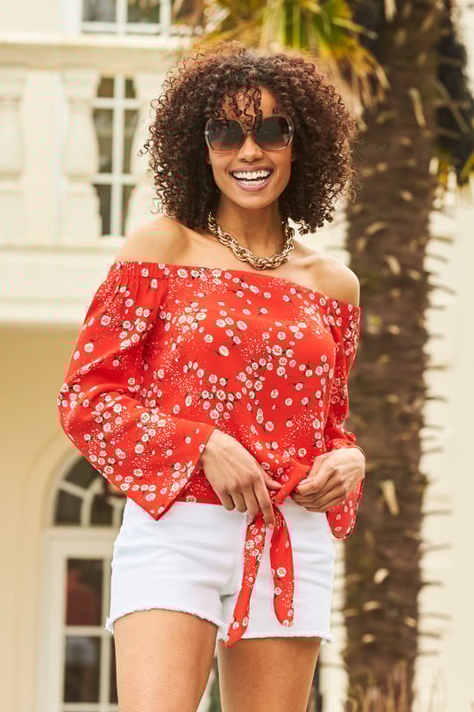 Red floral clearance bardot top
