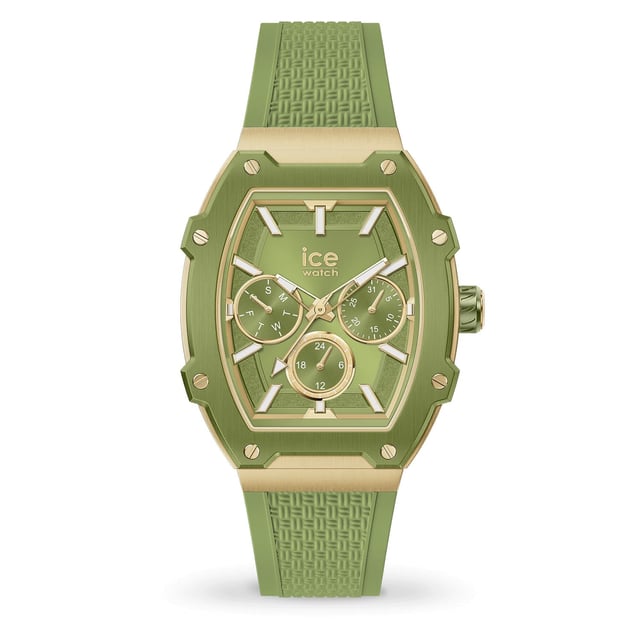 This Ice Watch Ice Boliday - Gold Forest Multi Dial Watch for Women is the perfect timepiece to wear or to gift. It's Gold  Tonneau case combined with the comfortable Green Silicone watch band will ensure you enjoy this stunning timepiece without any compromise. Operated by a high quality Quartz movement and water resistant to 5 bars, your watch will keep ticking. This watch with a super soft silicone strap, will add a flash of vibrant style to all your outfits!  This Multi Dial watch has a calendar function: Day-Date , 24-hour Display , Luminous Hands and Luminous Numbers High quality 19 cm length and 19 mm width Green Silicone strap with a Buckle Case measurement: 35 X 45 mm,case thickness: 11 mm, case colour: Gold and dial colour: Green