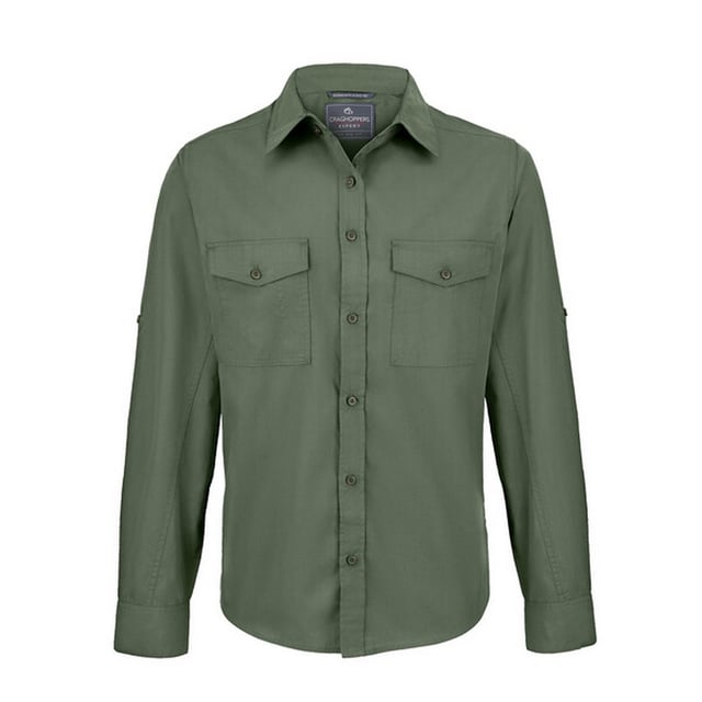 65% Polyester, 35% Cotton. Design: Logo, Plain. Pockets: 2 Front Pockets. Sleeve-Type: Long-Sleeved. Neckline: Turn Down Collar. 7 Button Placket, Insect Bite-Proof, Sun Protective. Fabric Technology: Anti-Insect Treatment, NosiDefence, Solarshield. Sun Rating: UPF 40+. Easy-Care. Sustainability: Made from Recycled Materials.
