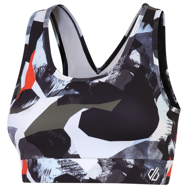 82% Recycled Polyester, 18% Elastane. Fabric: Jersey, Q-Wic, Soft Touch. Design: Abstract, Logo. Fabric Technology: Moisture Wicking. Back Style: Cut Out. Low Impact, Removable Bust Pads. Sustainability: Made from Recycled Materials. Neckline: Scoop.