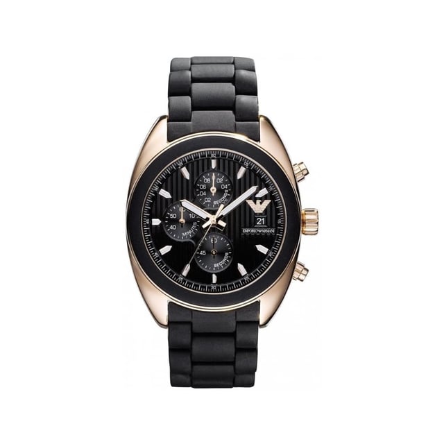 Stilvolle AR5954 Rose Gold Schwarz EMPORIO ARMANI WATCH EAN 4051432274381mit einem runden PVD-Gehäuse mit Rosé-Beschichtung. Diese schlank aussehende Uhr ist auf einem attraktiven schwarzen Zifferblatt mit Datum und Chronograph eingestellt.
