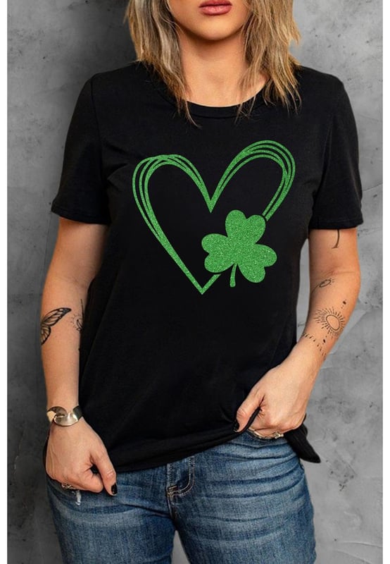 Clover heart-shaped print
  O-neck
  Short sleeves
  Unique and stylish design
  Versatile for casual or dressed-up occasions
  Comfortable fit
  Quality materials
  Durable and luxurious
  Perfect for pairing with jeans or a skirt
  Makes a statement in your wardrobe