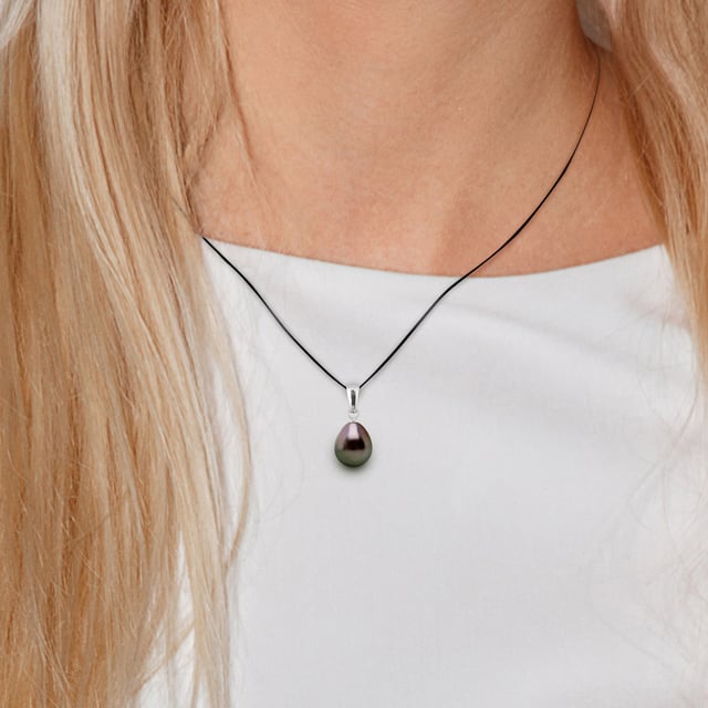 Ketting - 925 duizendste - Pearl Tahitiaanse pear 8-9 mm - Een link Liefde nylon gevlochten ZWART - Lengte 42 cm - Wordt geleverd in een koffer met een certificaat van echtheid en een internationale garantie - Al onze sieraden zijn gemaakt in Frankrijk.
