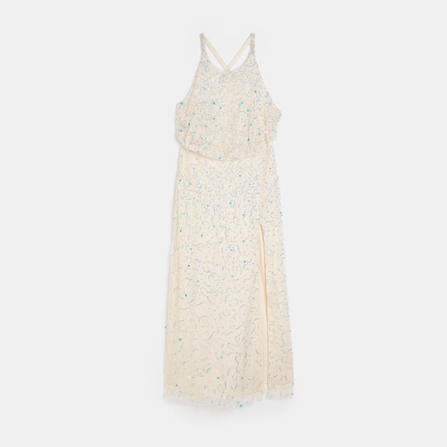 Sequin fabric, Halter neck, Split hem, Sleeveless, Zip fastening, Maxi length, Our model wears a UK 8 and is 175cm/5'9'' tall