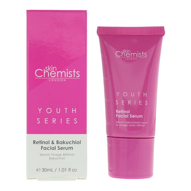 Skin Chemists Youth Series Retinol and Bakuchiol Facial Serum is a cutting-edge skincare elixir meticulously crafted to combat the signs of aging and promote a youthful, radiant complexion. Infused with a dynamic combination of Retinol and Bakuchiol, this serum offers a powerful dual-action approach, harnessing the benefits of both traditional retinoids and a natural, gentle alternative. Retinol, a potent form of Vitamin A, is renowned for its ability to stimulate collagen production, increase skin cell turnover, and reduce the appearance of fine lines and wrinkles. Bakuchiol, derived from the Babchi plant, provides similar anti-aging benefits without the potential irritation or sensitivity associated with Retinol. The lightweight, fast-absorbing texture of this serum allows for easy application and quick absorption into the skin. It penetrates deeply, delivering a surge of potent, skin-loving ingredients that support the skin's natural regeneration process. Over time, this leads to a smoother, firmer, and more supple complexion. The Retinol and Bakuchiol Facial Serum is also fortified with a blend of natural botanical extracts and advanced skincare ingredients, providing additional antioxidant protection and supporting the skin's natural barrier function. It creates a shield against environmental stressors, helping to preserve a youthful, healthy appearance. This serum is suitable for all skin types, making it an essential addition to any anti-aging skincare routine.