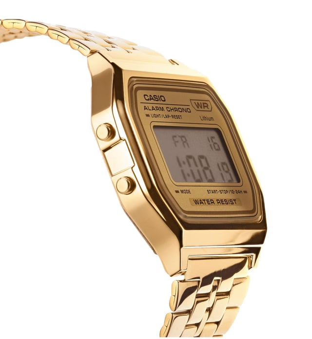 This Casio Casio Collection Vintage Digital Watch for Unisex is the perfect timepiece to wear or to gift. It's Gold  Rectangular case combined with the comfortable Gold Stainless steel watch band will ensure you enjoy this stunning timepiece without any compromise. Operated by a high quality Quartz movement and water resistant to 3 bars, your watch will keep ticking. Classic and charming  watch perfect for every occasion -The watch has a calendar function: Day-Date, Stop Watch, Alarm, Light High quality 20 cm length and 19 mm width Gold Stainless steel strap with a Fold over clasp Case diameter: 36 mm,case thickness: 8 mm, case colour: Gold and dial colour: Gold