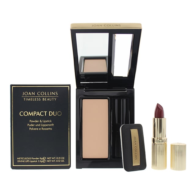 This beautifully designed compact duo brings the two ultimate make up essentials together - Meticulous Skin Perfecting Powder evens tone, regulates shine, hydrates and fills fine lines to make the skin look fabulous and a super hydrating, highly pigmented Divine Lips lipstick to add colour and protect the lips. Unique, elegant compact with mirror in lid and a powder puff..