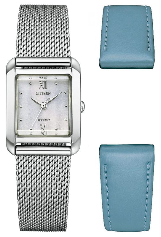 Diese Citizen  Analog Uhr für  Damen ist das perfekte Accessoire zum tragen oder verschenken. Ihr Silber  Rechteckig Gehäuse kombiniert mit dem bequemen Silber Armband aus  Edelstahl garantiert, dass Sie diese atemberaubende Uhr kompromisslos genießen werden. Angetrieben von einem hochwertigen Eco-Drive Uhrwerk und wasserdicht bis 5 bars, läuft Ihre Uhr stets weiter. Diese Uhr verfügt über eine Eco-Drive-Technologie (wird von jeder Lichtquelle aufgeladen; benötigt keine Batterie) und wird mit einem auswechselbaren Band geliefert: ECOPET® Band / Blau -Diese Analog Uhr verfügt über eine funktion: Solar Diese hochwertige Uhr hat ein Silber Edelstahl Band ( 19 cm Länge und 15 mm Breite) mit einer Faltschliesse Gehäusedurchmesser:  mm,Gehäuse Höhe: 7 mm, Gehäusefarbe: Silber, Zifferblattfarbe: Silber
