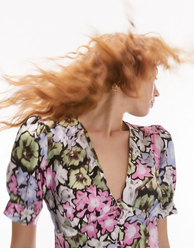 button down floral printed midi dress in multi