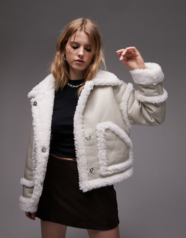 Topshop Faux Shearling Aviator Jacket in White