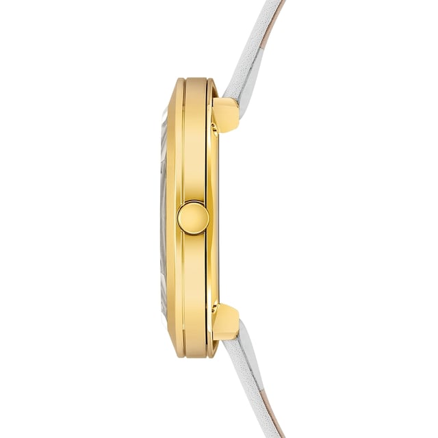 This striking women's watch from Rhodenwald & Sons masters the game with the fascinating skeleton look: between the bezel and dial shimmers the wrist of the wearer under the faceted glass. Four distinctive line indices, decorated with crystals from Swarovski®, connect the gilded bezel to the dial, the sunray effect of which makes the light gently changing. The high-quality IP coating gives the stainless steel housing maximum durability. The leather bracelet, which is coordinated and painted on the dial, completes the noble look and guarantees the highest comfort.