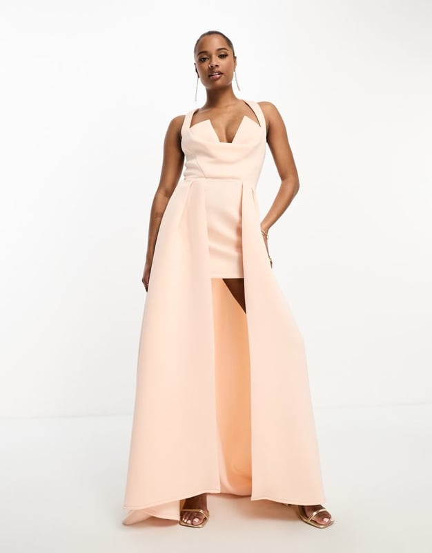 ASOS DESIGN Petite halter v neck premium maxi dress with exaggerated outer  skirt in peach pink-Orange