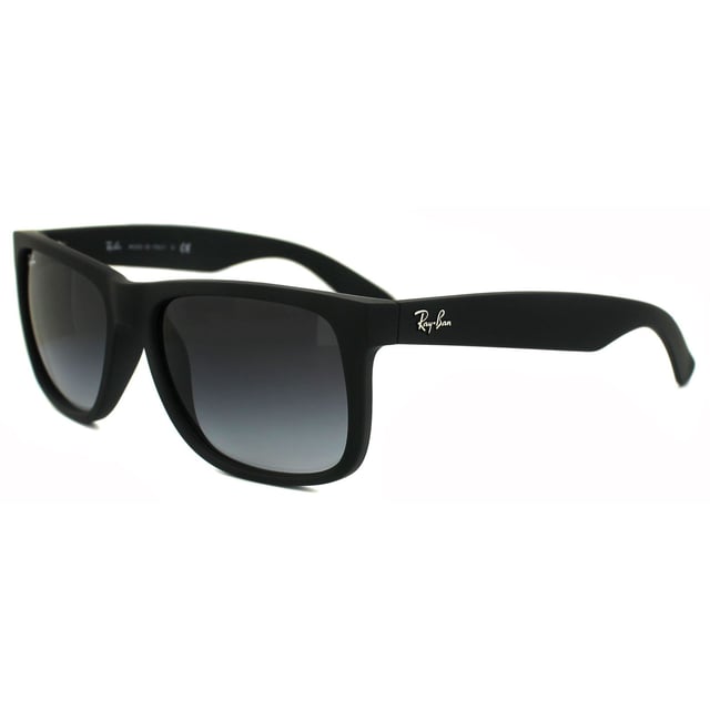Ray-Ban Sunglasses Justin 4165 601/8G Rubber Black Grey Gradient are inspired by the Original Wayfarer 2140 and are one of the coolest designs throughout the entire Ray-Ban collection. Justin is a bold style that features large, boxy lenses that suit most face shapes and they share the same winged temples as the classic 2140. The propionate plastic frame is super lightweight for comfort and theyâ€™re available in bright, fresh colours as well as the traditional choices. The Ray-Ban Justin is part of the Highstreet collection and are therefore a more affordable choice..