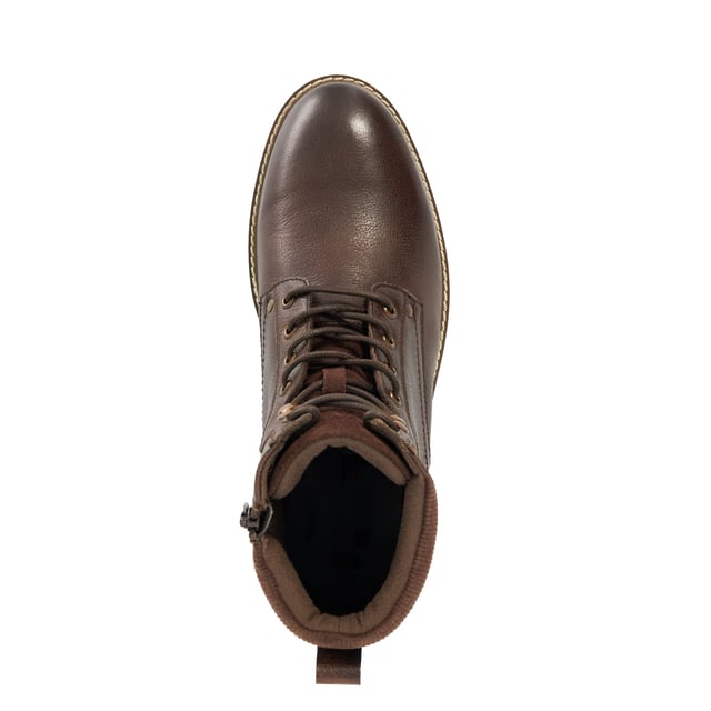 Gear up for adventure with our Colton boot. This design features our signature stacked coloured insert heel and a lace up fastening ending in hook fastenings. Crafted from leather the addition of the contrasting padded cuffs adds all-day comfort.
