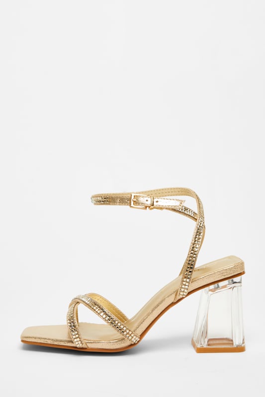 Wide Fit Gold Diamante Heels - Diamante embellishment - Block heel - Clear heel - Open toe - Heel height: 8 cm / 3 inches