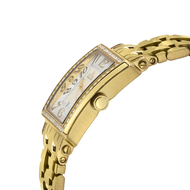 Gevril 7444YLB Avenue of Americas Mini Swiss Quartz Diamond Watch
Gevril Women's Diamond Swiss Quartz Watch from the Avenue of Americas Mini Collection
33x25 Rectangle 316L Stainless Steel IPYG Diamond Case, White MOP Dial
Guilloche dial and a highly stylized Arabic numeral display that is raised off the surface of the dial
Push/Pull Crown, Date at 6:00
Limited Edition
IP Yellow Gold Bracelet With Deployment Buckle
Anti-reflective Sapphire Crystal
Water Resistant to 50 Meters/5ATM
Swiss Quartz Movement Ronda 784