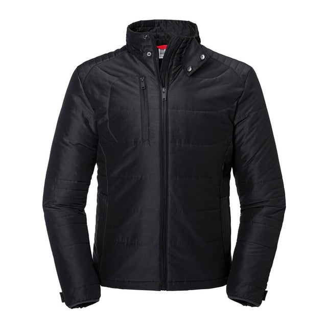 100% polyester. Eco-efficient padding. Stand up collar with 2 snap fastener and inner storm flap.. Reversed zips at centre front, chest pocket, side pockets and sleeves. Zipped inside pocket. Chest size: S- 36-38in, M- 38-40in, L- 40-42in, XL- 42-44in, 2XL- 44-46in, 3XL- 46-48in, 4XL- 48-50in.