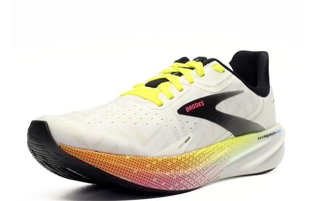 Featuring rapid roll technology that propels you forward for effortless transitions and a substantial, nitrogen infused midsole that returns energy to your stride whilst absorbing impact, the Books Hyperion Max is a responsive running shoe crafted to adapt to your movement and boost your running potential.
 Enhancing this high-performance design is a durable rubber outsole for optimal traction no matter where you are running ensuring protection wear after wear. 
 Finishing the shoes is an engineered breathable mesh upper, ventilating the foot throughout those long-distance runs ensuring feet stay cool and comfortable. 
 - Breathable textile upper
 - Nitrogen-infused DNA FLASH midsole
 - Durable rubber outsole with optimal traction 
 - Rapid Roll technology for fast transitions 
 - Secure lace fastening
 - Padded heel and ankle collar
 - Comfort cushioned footbed
 - Brooks branding