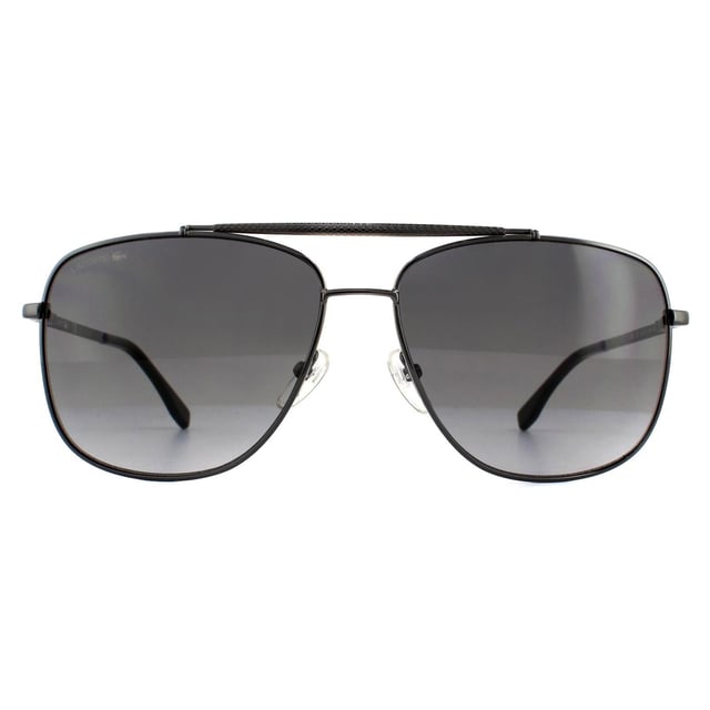 Lacoste Sunglasses L188S 033 Gunmetal Grey Gradient feature a textured prominent top brow bar and matching temples with the Lacoste lettered logo for a classic modern look.