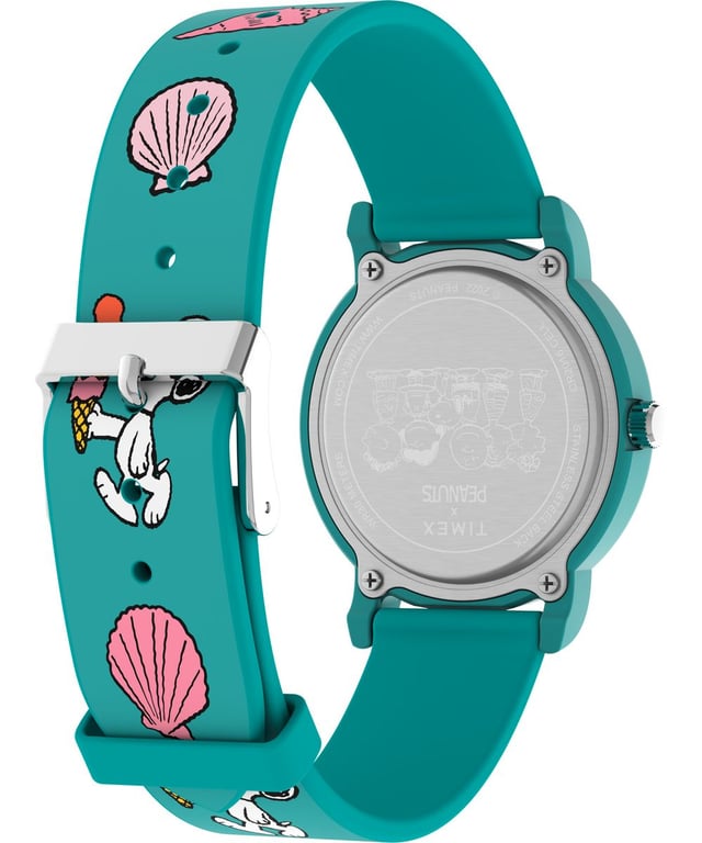 This Timex Peanuts Weekender Color Rush Analogue Watch for Child is the perfect timepiece to wear or to gift. It's Green 36 mm Round case combined with the comfortable Green Silicone watch band will ensure you enjoy this stunning timepiece without any compromise. Operated by a high quality Quartz movement and water resistant to 3 bars, your watch will keep ticking. Hit the beach with Snoopy! Your favorite beagle soaks up the sun on the dial and flexible silicone strap of our Color Rush watch. High quality 20 cm length and 17 mm width Green Silicone  strap with a Buckle Case diameter: 36 mm, case thickness: 8 mm, case colour: Green and dial colour: Multicolour