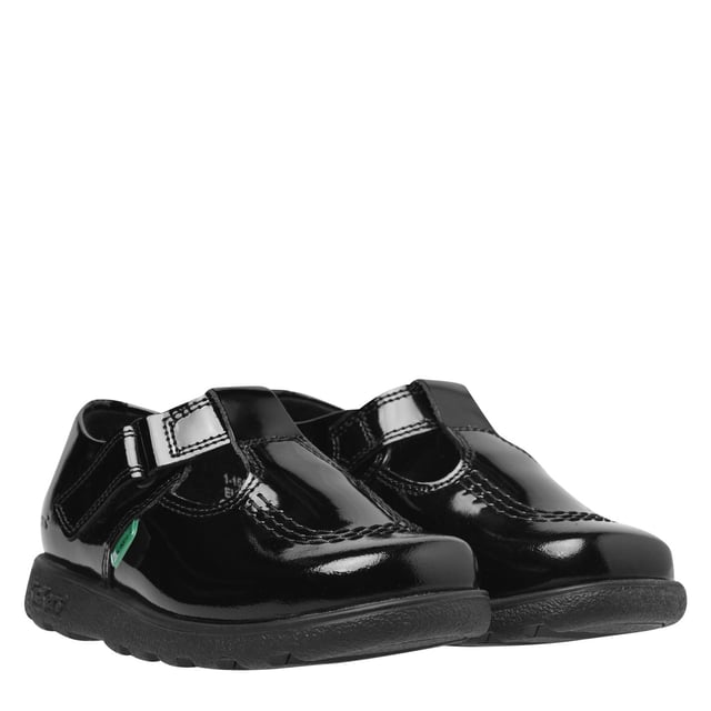 Infant Girls Kickers Fragma T-Bar Patent Shoes in Black- Hook and loop strap fastening- Shiny patent leather upper- Classic triple stitch detail- Iconic red and green logo tabs- Ridged rubber sole for traction and durability- Embossed branding to side- Leather Upper  Textile Lining  Synthetic Sole- Ref: 115178