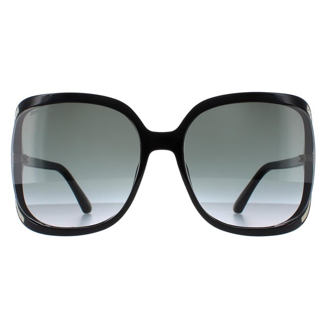 Jimmy Choo Butterfly Womens Black Dark Grey Gradient TILDA/G/S  Sunglasses are a stunning butterfly style which feature a cool gap at the sides where the sunglasses start to wrap around the face. This is embellished with sparkly glitter like finish and a funky hinge design.
