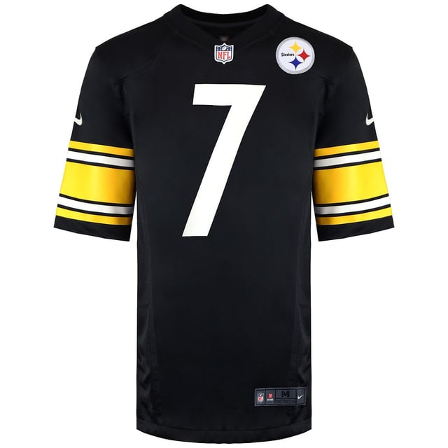 The Nike NFL Pittsburgh Steelers #7 Ben Roethlisberger Men's Black Jersey is the ultimate choice for devoted Steelers fans who want to proudly display their allegiance to the team and honor the career of the legendary quarterback, Ben Roethlisberger. This officially licensed NFL merchandise combines style, comfort, and team spirit in a single garment.

Key Features:

 Officially Licensed:  This jersey is officially licensed by the NFL, ensuring it adheres to league standards and is an authentic product.

 Player-Specific Design:  The jersey prominently features the number 7 and the name "Roethlisberger" on the back, celebrating the Steelers' iconic quarterback.

 Team Logo:  The Pittsburgh Steelers' iconic team logo is prominently displayed on the front of the jersey, proudly representing your team.

 High-Quality Materials:  Made from durable and high-quality materials, the jersey is designed to withstand the rigors of game-day wear.

 Stitched Numbers and Letters:  The player number and name are stitched onto the jersey for added durability and a premium look.

 Comfortable Fit:  This jersey offers a comfortable fit, allowing for easy movement and making it suitable for both game days and casual wear.

 V-Neck Collar:  The jersey features a V-neck collar design for a classic and stylish look.

 Versatile Style:  Whether you're at the stadium, watching the game with friends, or simply going about your daily activities, this jersey complements various outfits and is a versatile choice for any occasion.

The Nike NFL Pittsburgh Steelers #7 Ben Roethlisberger Men's Black Jersey allows you to proudly and comfortably display your loyalty to the Steelers and honor the illustrious career of Ben Roethlisberger, a true legend in the franchise. Whether you're cheering from the stands, watching from home, or simply wearing it as a symbol of your support, this jersey is a fantastic choice for any devoted Pittsburgh Steelers fan.