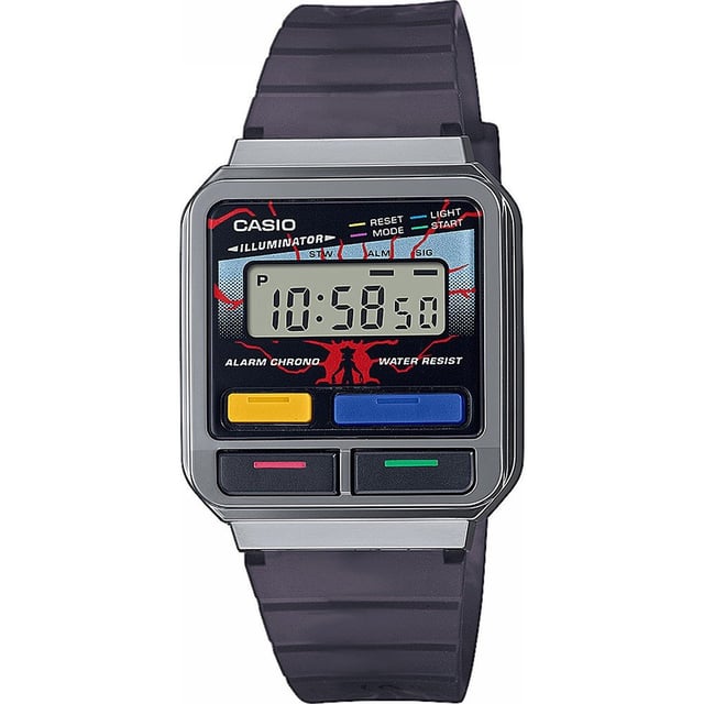 This Casio Casio Collection Vintage Stranger Things Digital Watch for Unisex is the perfect timepiece to wear or to gift. It's Grey  Rectangular case combined with the comfortable Black Plastic watch band will ensure you enjoy this stunning timepiece without any compromise. Operated by a high quality Quartz movement and water resistant to 3 bars, your watch will keep ticking. Step into an alternate dimension with an exclusive Casio collaboration inspired by the global megahit, Stranger Things. This Digital watch has a calendar function: Day-Date , Stop Watch , Alarm and Light High quality 20 cm length and 20 mm width Black Plastic strap with a Buckle Case measurement: 32 X 33 mm,case thickness: 9 mm, case colour: Grey and dial colour: Multicolour