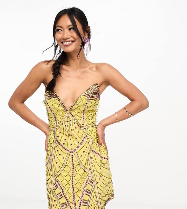 ASOS DESIGN embellished structured plunge mini dress with curve hem in yellow ASOS DESIGN embellished structured plunge mini dress with curve hem in yellow
