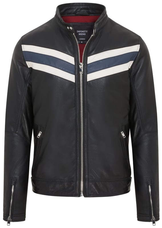 This men's café racer biker jacket, crafted from luxurious lamb soft nappa leather, is the perfect blend of retro style and modern functionality. It features bold white and navy blue stripes for a striking look, paired with durable craftsmanship for lasting wear. Designed for convenience and practicality, the jacket includes two external zipped pockets, two inner pockets, a secure collar button, and a smooth front zip closure. Whether for casual outings or motorcycle adventures, this jacket is a timeless essential for your wardrobe.

Made from premium lamb soft nappa leather for durability and comfort.
Bold white and navy blue stripes add a vintage-inspired flair.
Two external zipped pockets and two inner pockets for ample storage.
Stand collar with button closure for a secure, stylish fit.
Durable front zip closure for easy wear.
Perfect for casual wear or motorcycle enthusiasts.