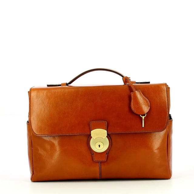 Capalbio 14.0 Computer Briefcase The Bridge, genuine leather unisex business bag with top handle, removable crossbody, front padlock, and organised compartment with multiple pockets.