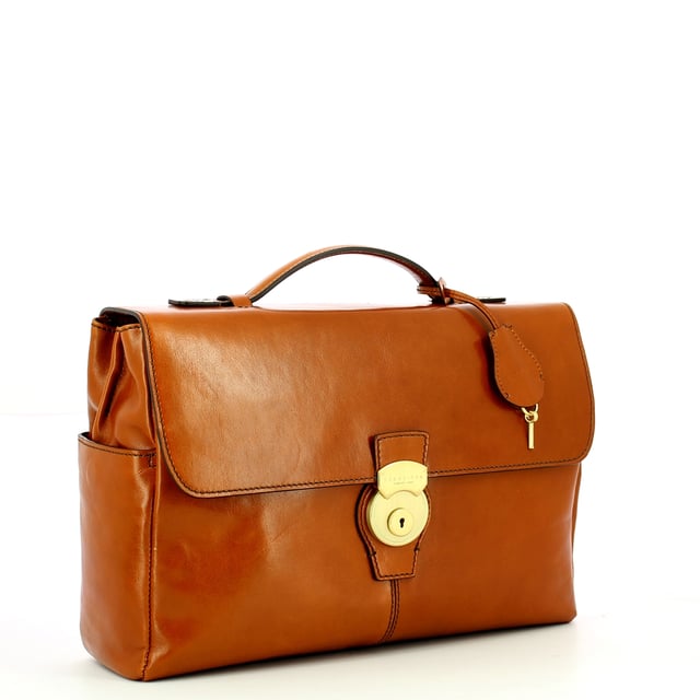 Capalbio 14.0 Computer Briefcase The Bridge, genuine leather unisex business bag with top handle, removable crossbody, front padlock, and organised compartment with multiple pockets.