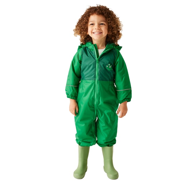 Regatta Childrens/Kids Mudplay III Dinosaur Waterproof Puddle Suit (Jelly Bean) 100% Polyester. Material: Polyester. Fabric: Isolite. Design: Dinosaur, Logo. Lining: Fleece. Trim: Reflective. Hem: Elasticated. Waistline: Elasticated. Cuff: Elasticated. Neckline: Hooded. Sleeve-Type: Long-Sleeved. Hood Features: Animal Ears, Grown On Hood. Breathable, Insulated, Taped Seams, Water Repellent, Waterproof. Fastening: Full Zip. 5000g/m²/24hrs. Weather Resistant.