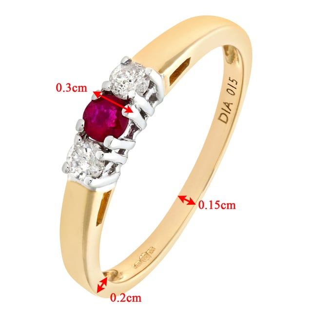9K (375) geel goud: 1,9 gram; # Diamant: 0,15 ct; # Robijn: 0,19 ct
