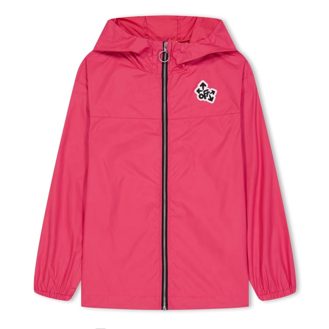 Juniors Off White Monogram Water React Windbreaker Jacket in fuchsia.- Fixed hood with funnel neck.- Full zip fastening.- Side welt pockets.- Inner slip pockets.- Elasticated cuffs- Bungee-adjustable drawcords at inner hem.- Off White logo at left chest.- Main material: 88% Polyester  12% Polyurethane.  Detail: 90% PVC  10% Polyester.  Machine washable.- Ref: OGEB0010013232