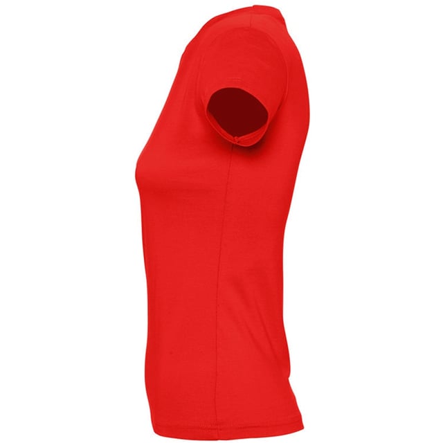Taped back neck. Rib neckline. Side seams. Twin needle sleeves and hem. Fabric weight: 190 gsm. Material: 100% ringspun semi-combed cotton. Slim fit. Ladies size: S(8/10), M(10/12), L(12/14), XL(14/16), XXL(16/18).