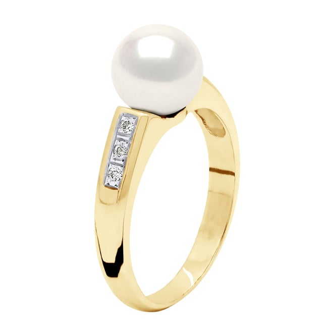 Ringsmycke Diamant 0,06 Cts (6 x 0,01 Cts - Kvalitet Hsi ) - Gult guld - Äkta odlad sötvattenspärla rund 8-9 mm - finns i storlek jämna nummer från 48 till 62 - Levereras med äkthetscertifikat och internationell garanti - MADE IN FRANCE