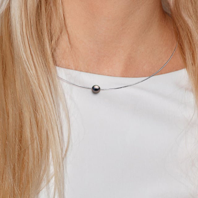 Collar Omega - 925 milésimas Rodium - perla tahitiana de 9-10 mm a través de la ronda - longitud 42 cm - entregado en un caso con un certificado de autenticidad y una garantía internacional - Todas nuestras joyas están hechas en Francia.