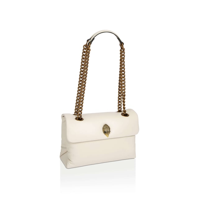 KGL Kew Bag is a white, leather bag featuring a brass jewelled eagle and chain straps, with an option of cross body or shoulder wear.